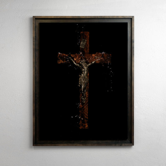Christian wood and bronze crucifix is photographed underwater presented museum framed religion in art