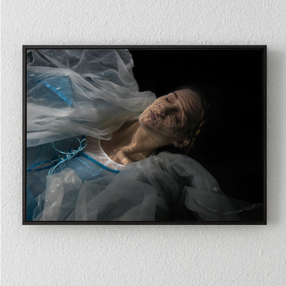 Unique archival pigment print featuring a serene woman in translucent fabric against a dark background.