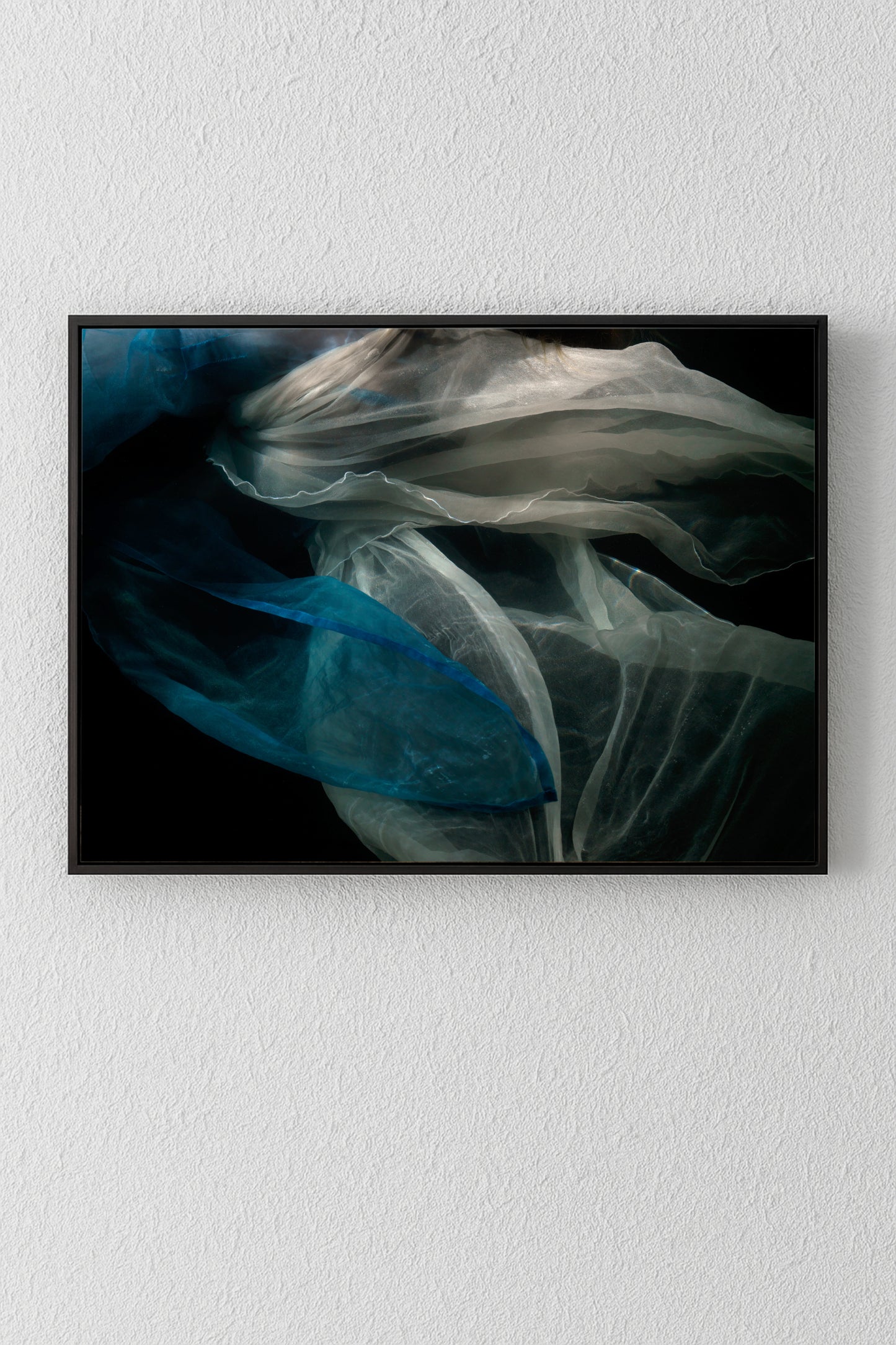 Unique abstract Ophelia Plate 0201 with archival pigment print in soft blues and whites on black background.