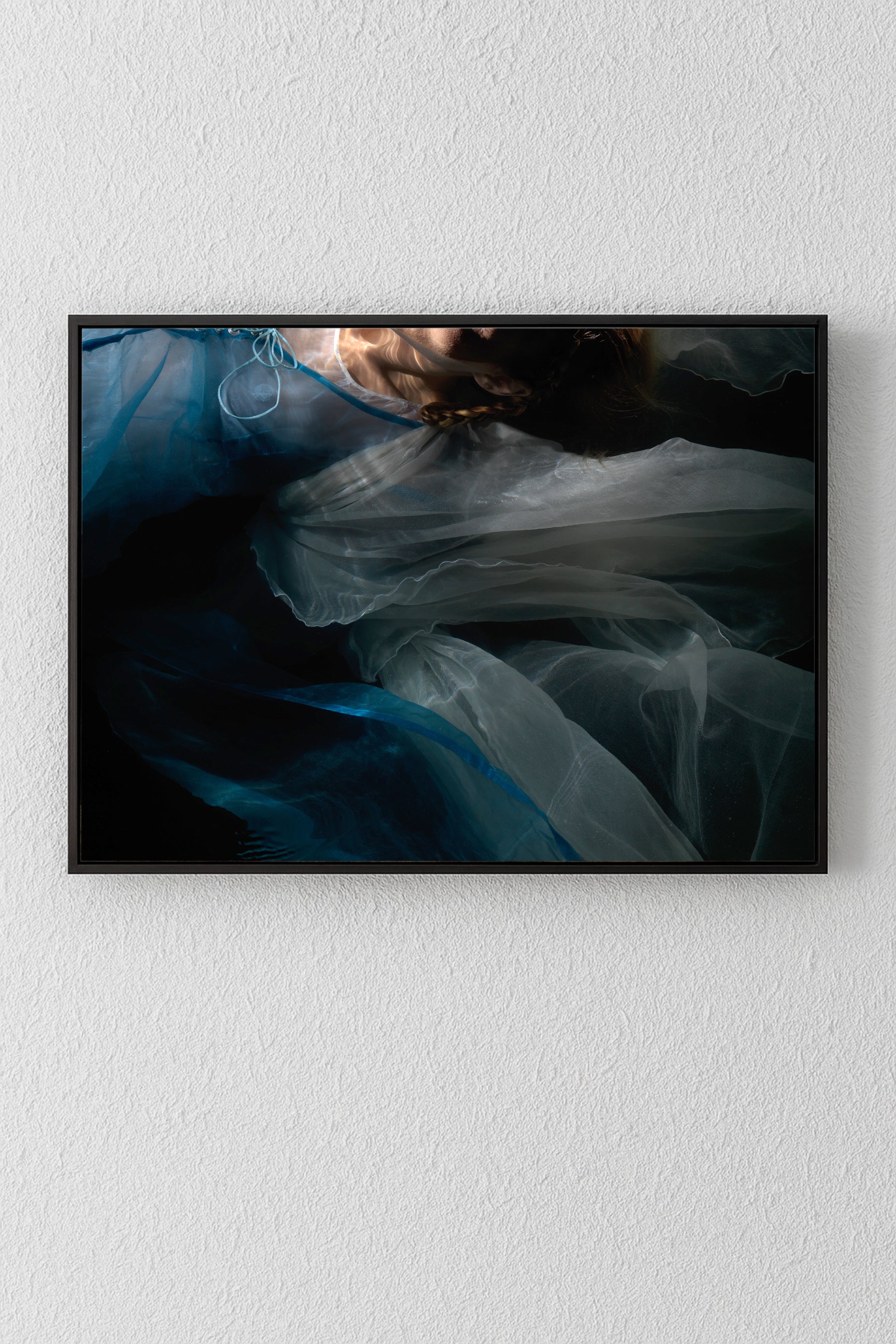 Abstract dark blue and black artwork with flowing white translucent shapes in a black frame, unique archival pigment print.