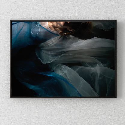 Unique archival pigment print featuring soft, flowing abstract shapes in deep blues and translucent whites.