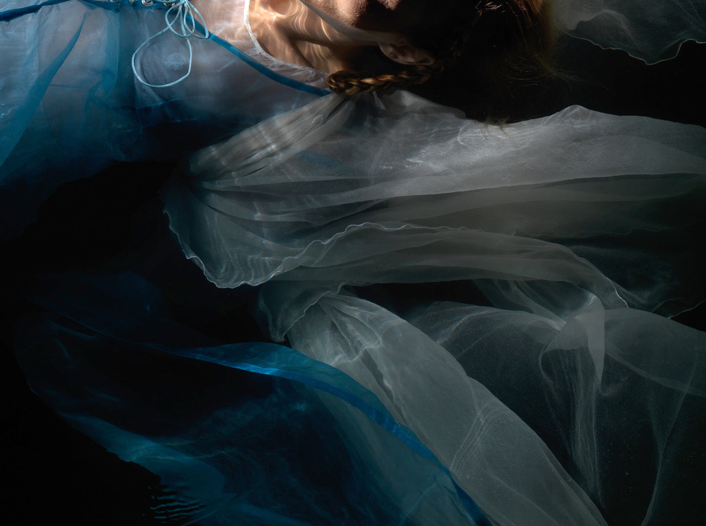 Unique Ophelia Plate archival pigment print with flowing blue and white fabric details.