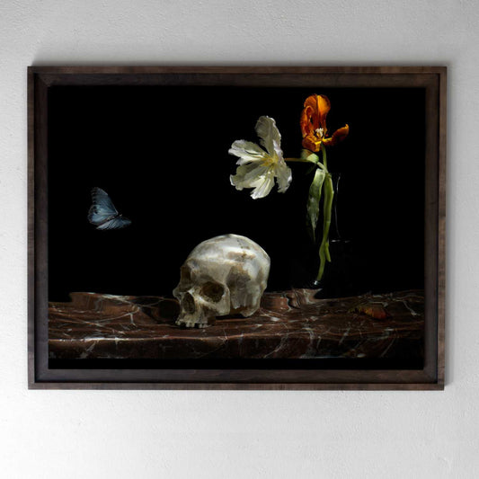 The Great Leveller, a Vanitas still life photograph by Alexander James Hamilton, constructed underwater with skull and flowers
