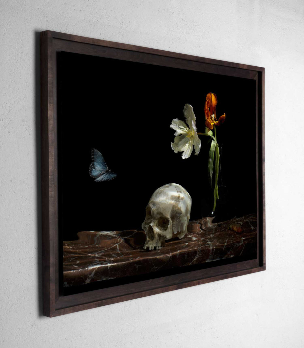 Detail of The Great Leveller showing skull and floral elements in an underwater Vanitas composition by Alexander James Hamilton