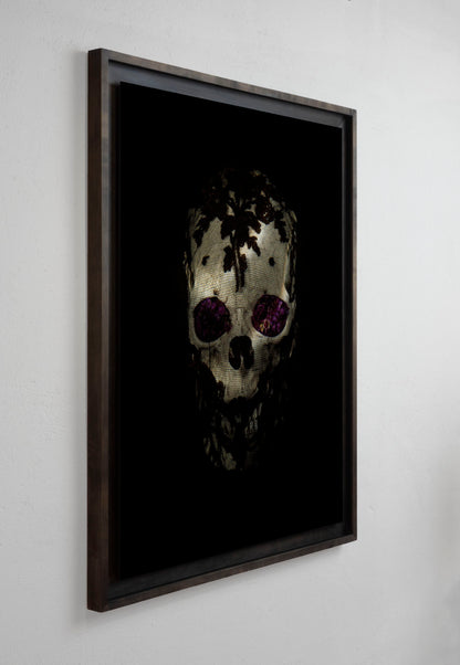 Veiled skull with flowers installation view by Alexander James Hamilton, analogue photograph produced through water and light